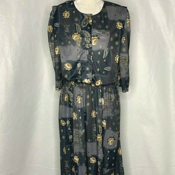 Vtg Midi Dress 14 Gray Floral Paisley 3/4 Sleeve - Picture 2 of 6
